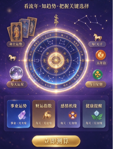 看流年，知趋势，把握关键选择。紫金星盘与塔罗牌，事业运势、财运指数、感情机缘、健康提醒。